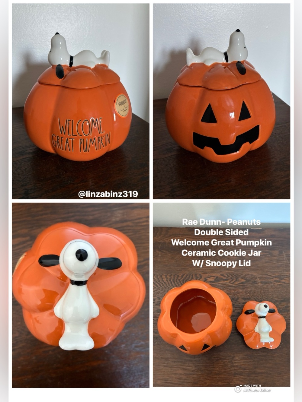 NWT- Peanuts- Rae Dunn- Welcome Great Pumpkin Double Sided Ceramic Cookie Jar